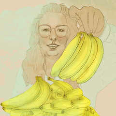 Illustration zeigt den Tiktok-Star Bananenfrau mit vielen Bananen neben ihr sammeln sich die likes