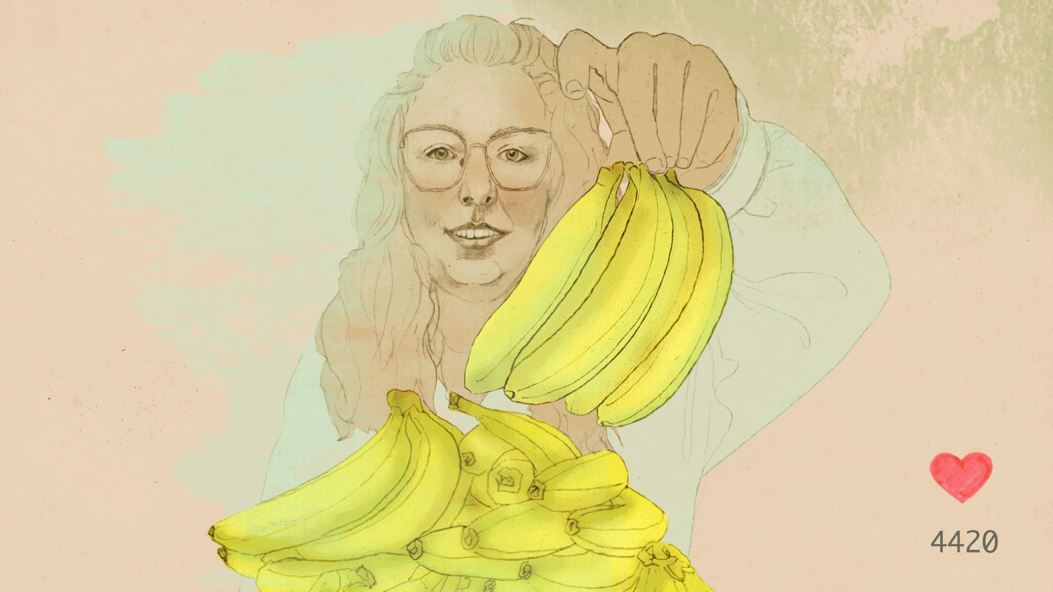 Illustration zeigt den Tiktok-Star Bananenfrau mit vielen Bananen neben ihr sammeln sich die likes