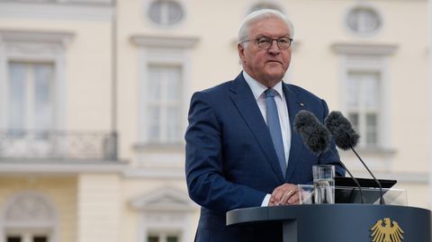 Bundespräsident Frank-Walter Steinmeier vor seinem Amtssitz, dem Schloss Bellevue in Berlin