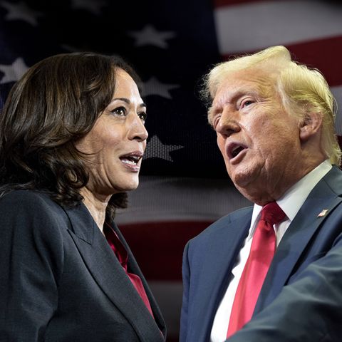 US-Wahl: Kamala Harris und Donald Trump vor einer US-Flagge (Fotomontage)
