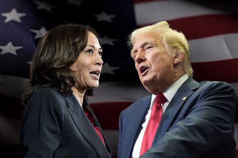 US-Wahl: Kamala Harris und Donald Trump vor einer US-Flagge (Fotomontage)