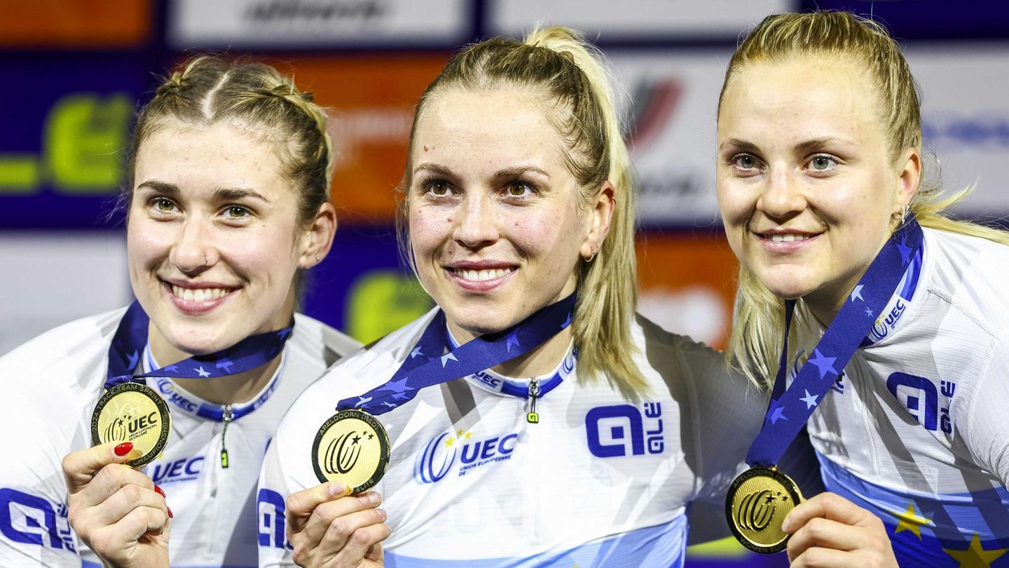Lea Sophie Friedrich (r.), Emma Hinze, Pauline Sophie Grabosch (l.) sind in der Erfolgsspur. 2023 gewannen die Bahnradfahrerinnen den WM-Titel im Teamsprint, ein halbes Jahr später wurden sie Europameisterinnen (Bild). Das nächste Ziel lautet: Olympia-Gold