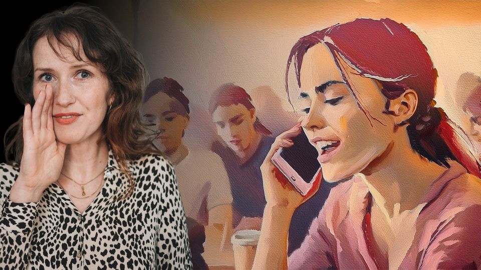 Eine illustrierte Frau mit zusammengebundenen Haaren spricht in einem Cafe in ein Telefon