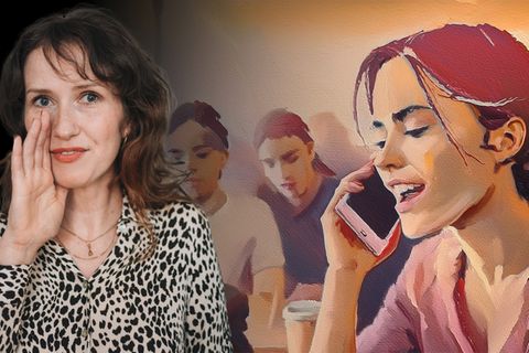 Eine illustrierte Frau mit zusammengebundenen Haaren spricht in einem Cafe in ein Telefon