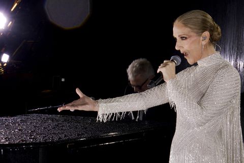Celine Dion performing at the Eiffel Tower during the opening ceremony for the 2024 Summer Olympics in Paris, France