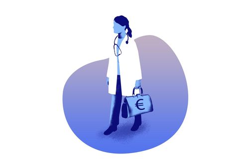 Illustration: Ärztin mit Tasche voll Geld