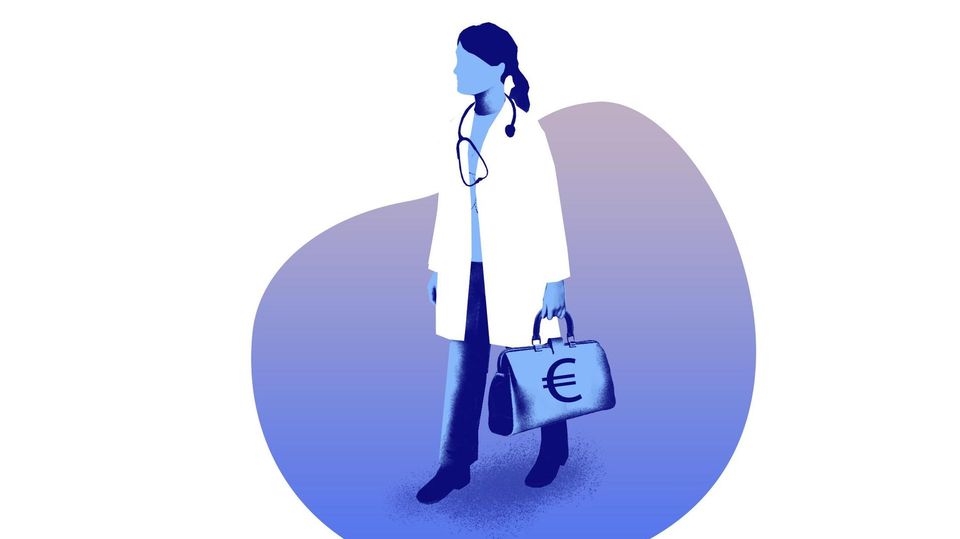 Illustration: Ärztin mit Tasche voll Geld