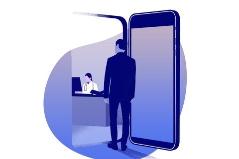 Illustration Arzttermin: Mann geht in eine Arztpraxis durch die Tür in Form eines Smartphones