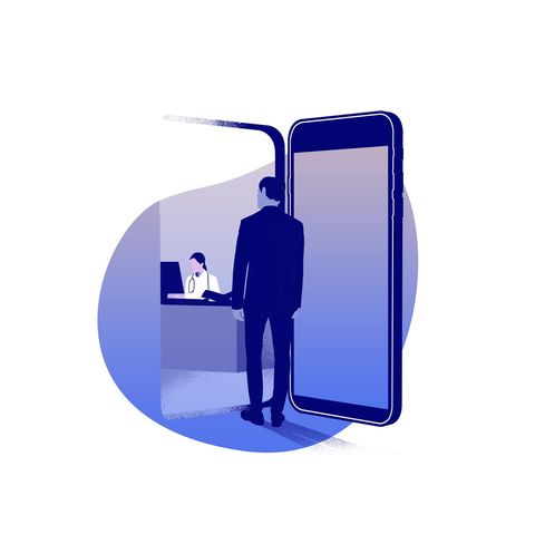 Illustration Arzttermin: Mann geht in eine Arztpraxis durch die Tür in Form eines Smartphones