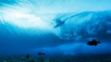 Auch unter Wasser lauern Zuschauer: Der italienische Surfer Leonardo Fioravanti in der Welle aus Fisch-Perspektive.