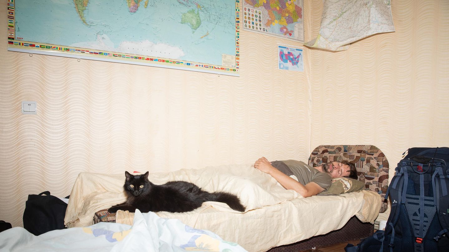Stephan Orth schläft auf einer Couch an seinen Füßen eine große schwarze Katze