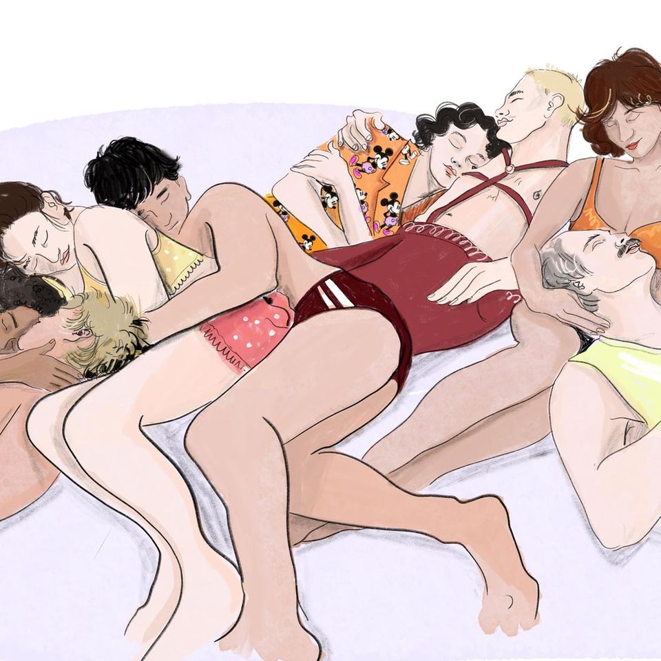 Illustration: Eine Gruppe Menschen kuschelt zusammen auf einer Kuschelparty