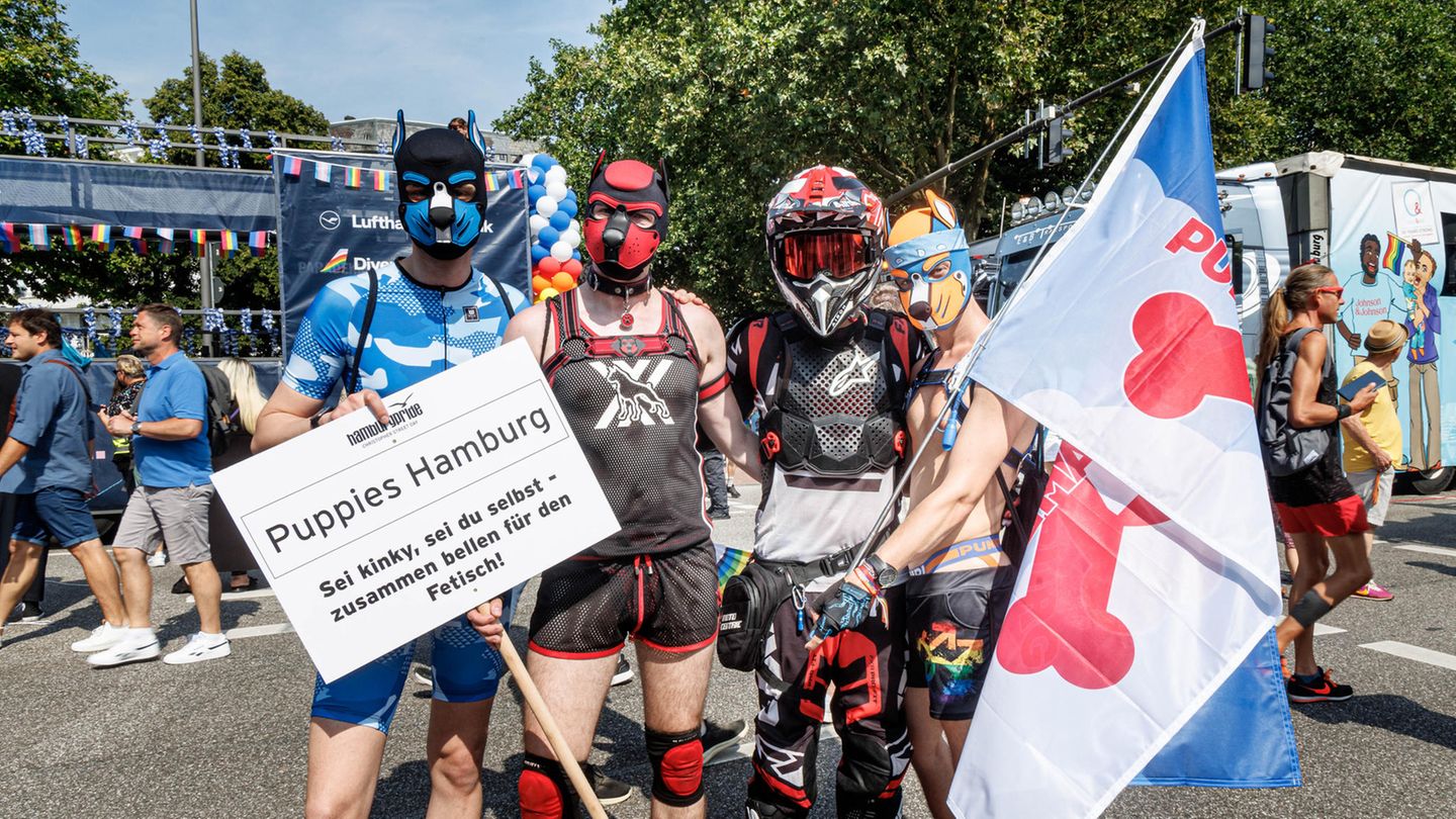 Vier Männer mit Hundemasken und Plakat