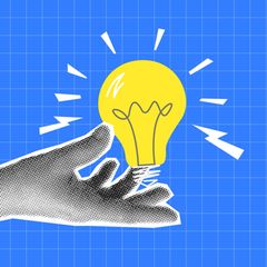 Quiz-Illustration einer Hand, die eine leuchtende Glühbirne hält