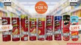 Neun verschiedene Chips-Rollen von Pringles mit sieben verschiedenen Füllmengen