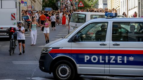 Ein Polizeiauto steht in der Nähe von versammelten "Swifties" in Wien