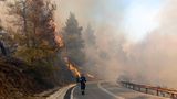 In Griechenland gehen Feuerwehrleute eine Straße entlang, während die Böschung oberhalb davon brennt