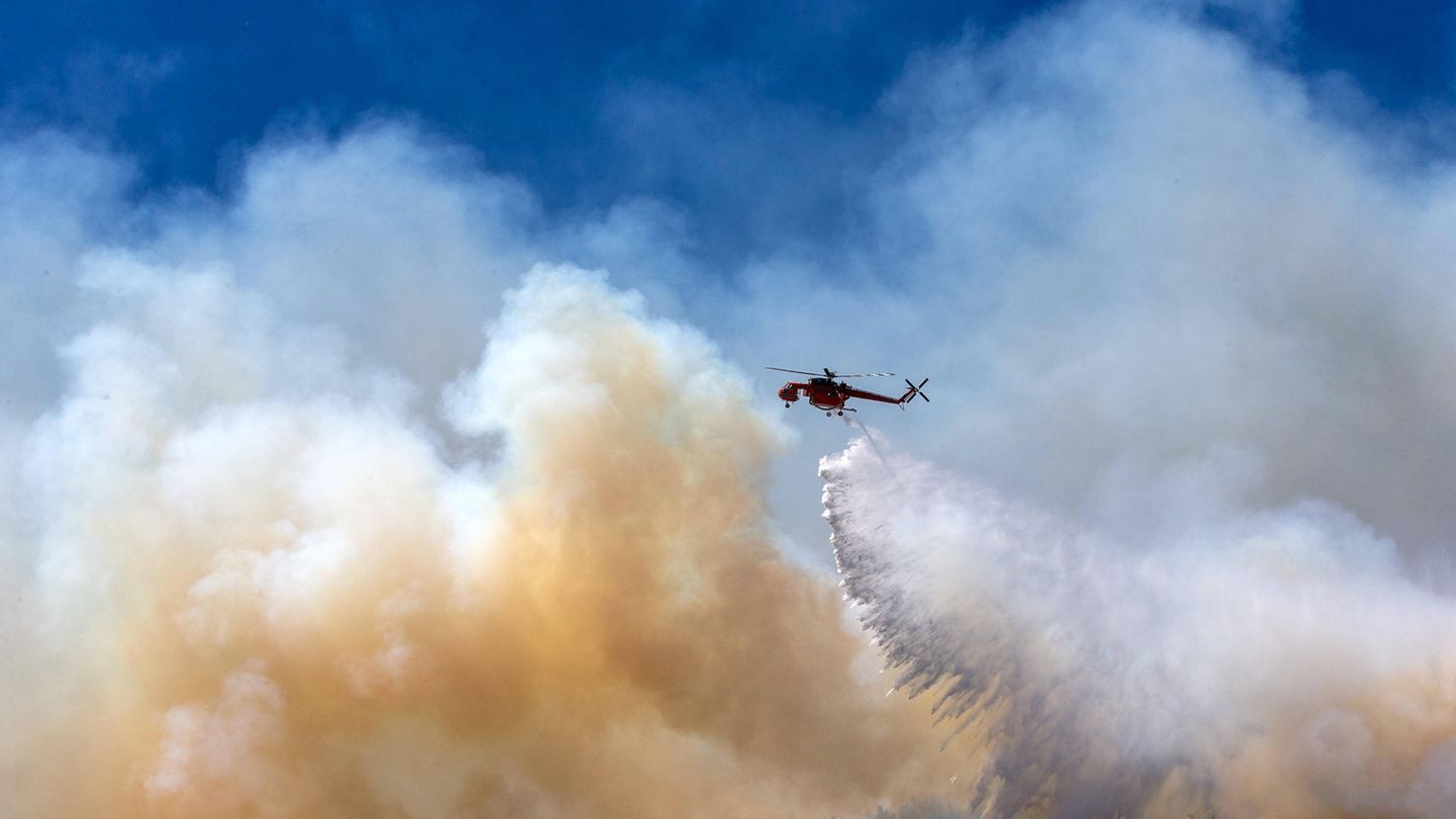 Mittlerweile sind laut Bürgerschutzministerium knapp 700 Feuerwehrleute mit rund 200 Löschfahrzeugen im Einsatz, zudem Hunderte Freiwillige sowie 16 Löschflugzeuge und 17 Löschhubschrauber. Der hier überfliegt einen Brand in Dione bei Athen
