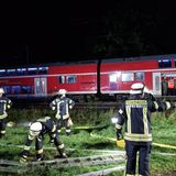 Feuerwehrleute im Einsatz wegen eines umgestürzten Baums vor einem Regionalexpress der Bahn