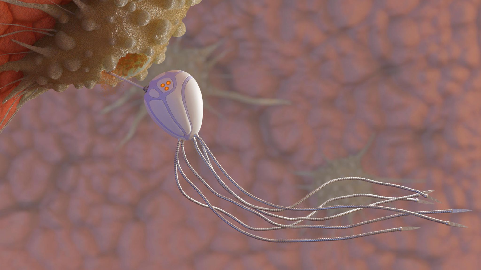 Die Illustration eines Nanoroboters an einer Krebszelle Die Illustration eines Nanoroboters an einer Krebszelle