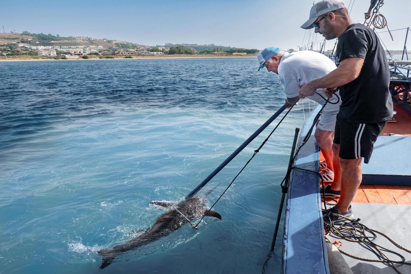Männer fangen einen Schwertfisch