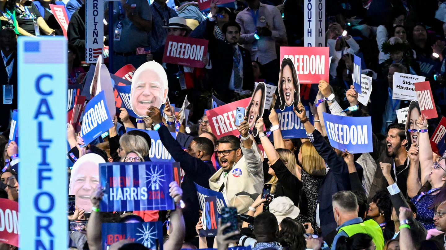 Jubelnde Demokraten halten Masken von Harris und Walz in die Höhe