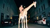 Nackter Simon Lohmeyer auf Plastikgiraffe