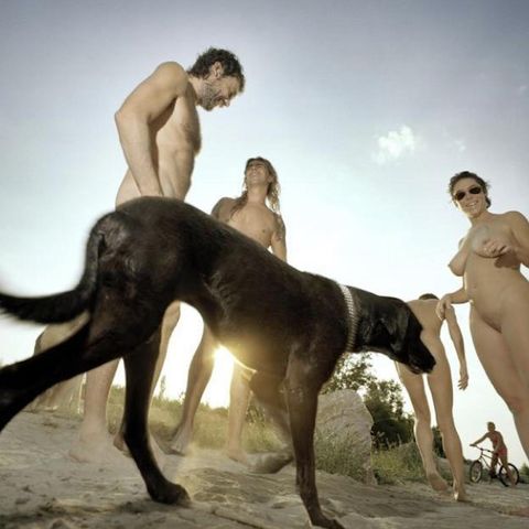 FKK-Badende mit Hund an einem Strand