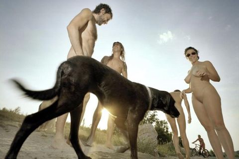 FKK-Badende mit Hund an einem Strand