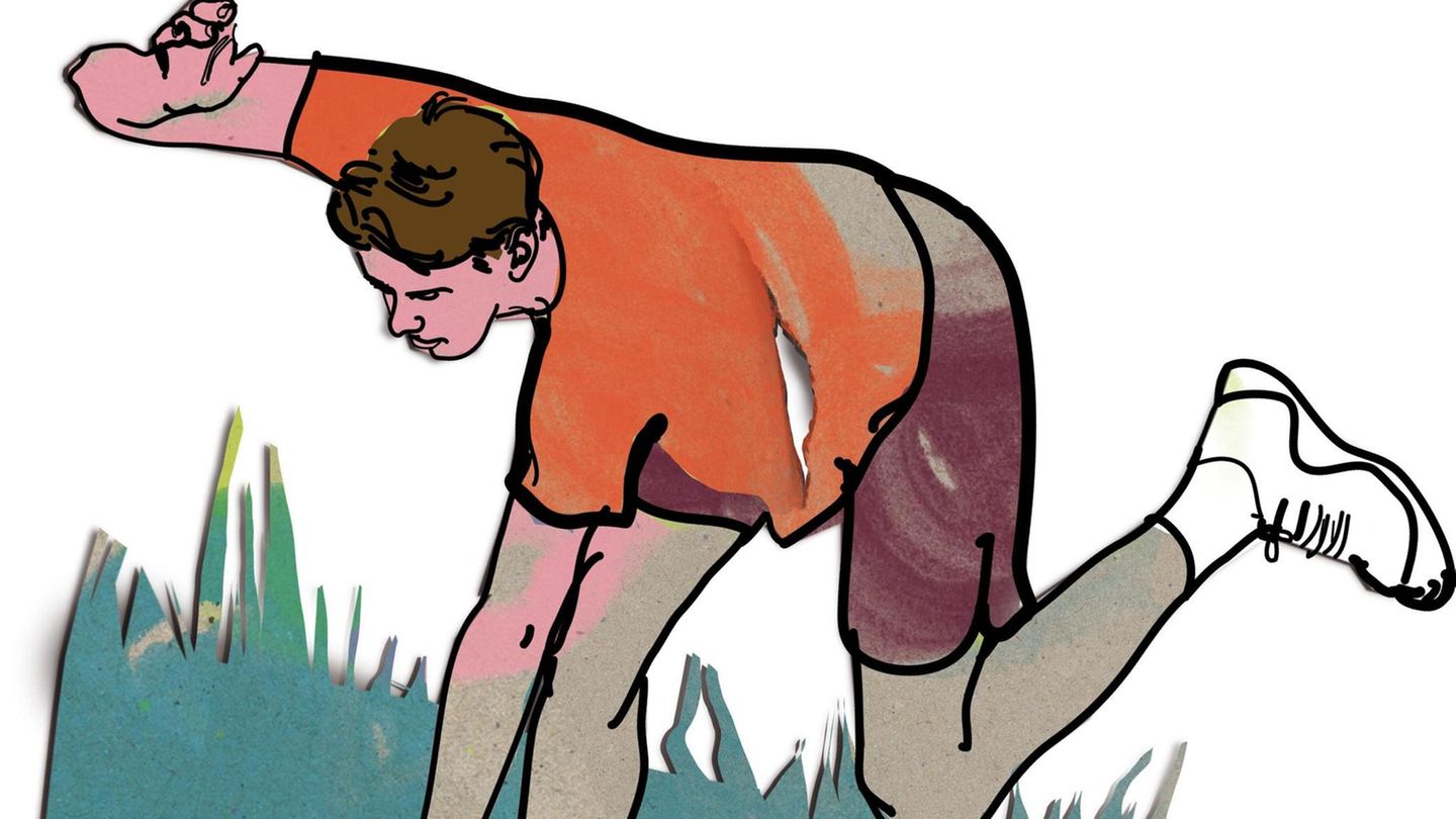 Illustration eines Mannes der beim Joggen stürzt. Danach kam der Verdacht auf, er habe einen Tumor