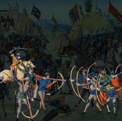 Schlachtszene zwischen englischen und französischen Soldaten 1346 als Augangspunkt des Hundertjährigen Krieges