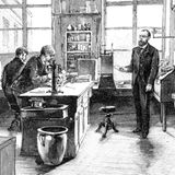 Zeichnung zeigt Robert Koch mit Studenten in seinem Labor