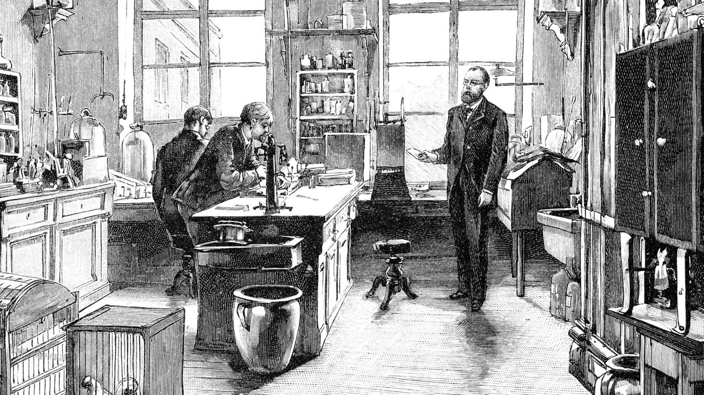 Robert Koch Zeichnung zeigt Robert Koch mit Studenten in seinem Labor