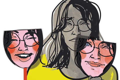 Illusttration einer Frau, die zwei Versionen ihres Gesichtes hochhält