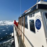 Im Zickzackkurs arbeitet sich das kleine Boot durch das sich ständig verändernde Eisfeld. Ununterbrochen knallen bei der einstündigen Fahrt Eisbrocken gegen den Rumpf