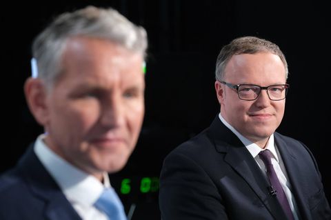 Björn Höcke und Mario Voigt bei einem TV-Duell zur Thüringen-Wahl