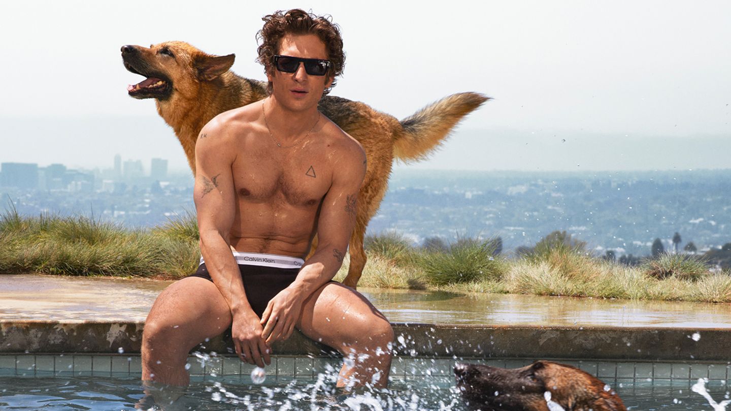Jeremy Allen White mit Hunden am Pool/ Kampagne Calvin Klein