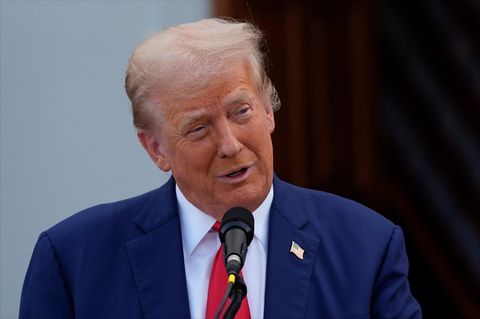 Donald Trump lächelt, während er in ein Mikro spricht