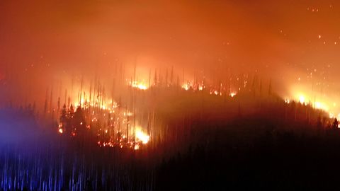 Wernigerode: Blick auf Flammen und Glutnester am Königsberg im Harz unterhalb des Brockens