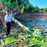 In Laos zeigt ein neunjähriger Junge die Schäden, die der Taifun in seinem Dorf hinterlassen hat