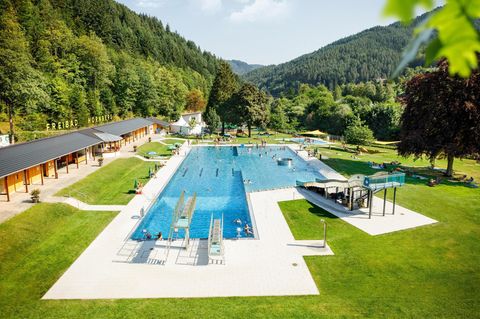 Blick von oben auf das Freibad Hornberg im Schwarzwald