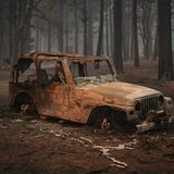 Dieser Geländewagen und der Wald drumherum sind ein Raub des Bridge Fire in Wrightwood, Kalifornien, geworden