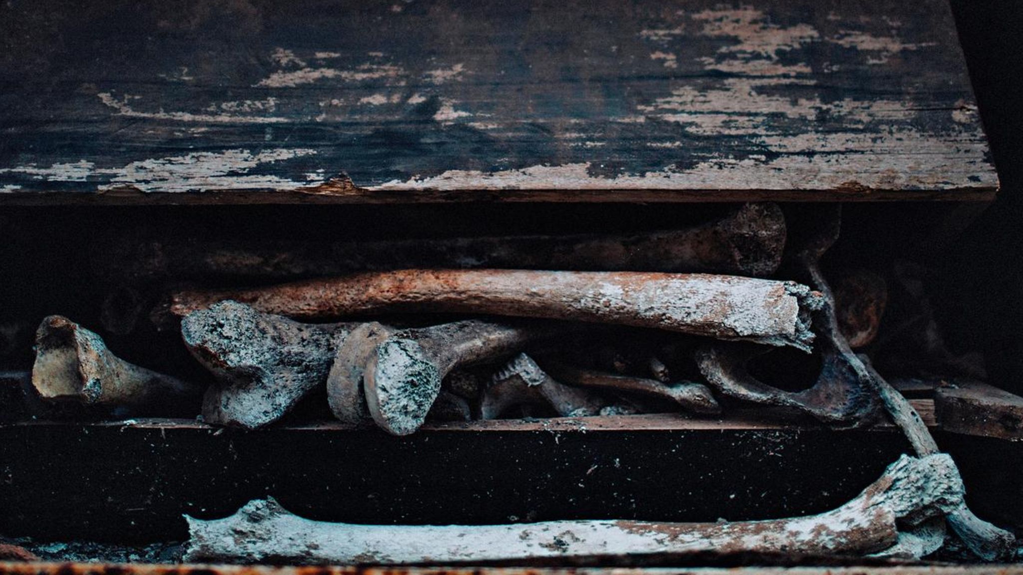 Knochen in einem offenen Grab auf dem Friedhof La Recoleta