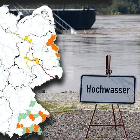 Die Elbe in der Nähe von Meißen in Sachsen. Die Karte zeigt Hochwasser-Warnungen für Deutschland. Eine aktuelle Version finden Sie unten im Artikel