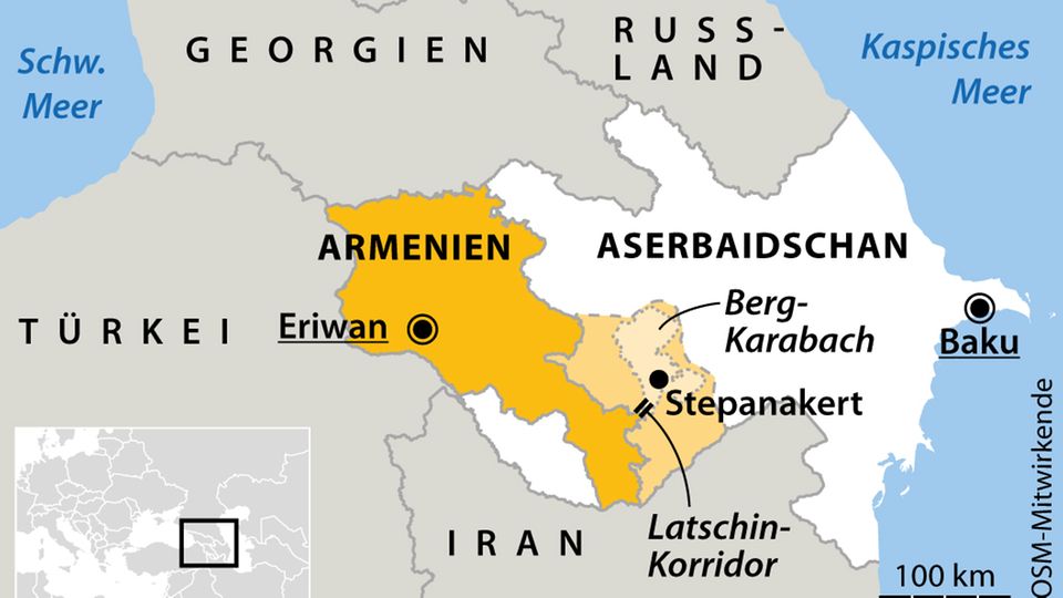 Gestritten wird um Bergkarabach seit mehr als einhundert Jahren: Als Latschin-Korridor wird in dem umkämpften Gebiet die Landverbindung von Bergkarabach in Richtung Armenien bezeichnet