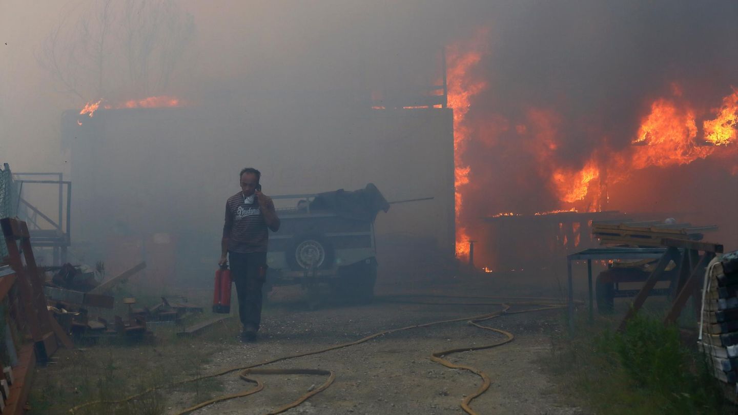 In dem Ort Sever do Vouga brennt eine Lagerhalle. Offenbar hat dieser Mann versucht, das Feuer mit einem kleinen Feuerlöscher zu bekämpfen.