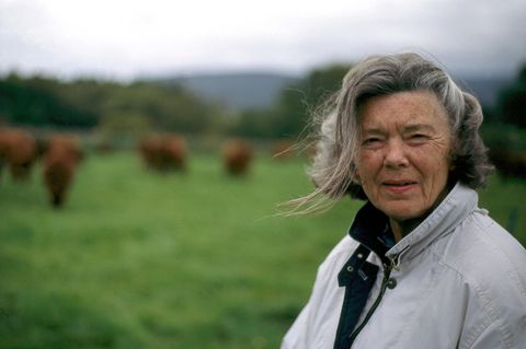 Rosamunde Pilcher blickt in die Kamera, im Hintergrund eine Wiese