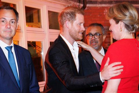 Prinz Harry begrüßt die belgische Königin Mathilde bei einem WHO-Dinner in New York.