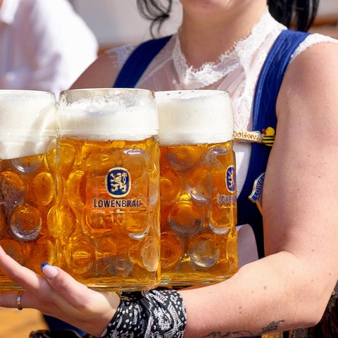 Eine Kellnerin mit Maßkrügen auf dem Oktoberfest