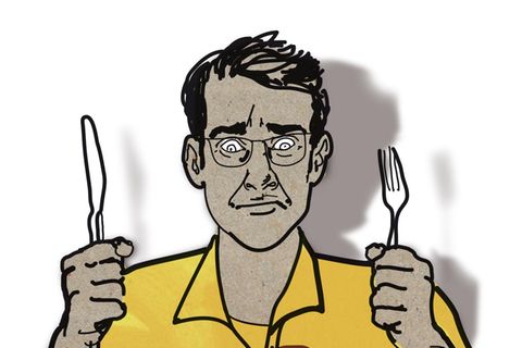 Illustration eines Mannes, der ein Herz mit Messer und Gabel isst